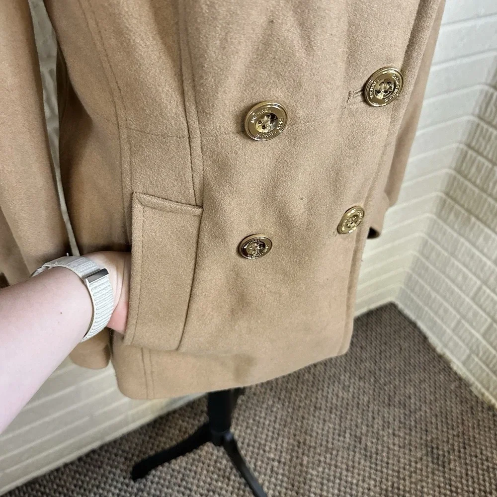 Michael Kors Wool Blend Pea Coat Tan Gold Buttons Pockets Women's Size S‎
